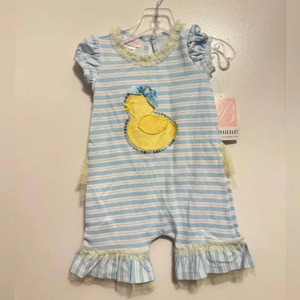 Bonnie Baby Blue Stripe Romper w/Applique Yellow Duck Size 6-9M - Picture 1 of 4